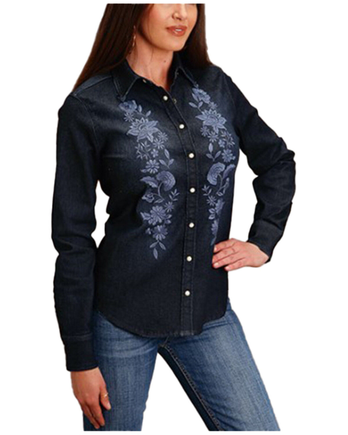 Stetson Women's Dark Wash Denim Embroidered Long Sleeve Snap Western Shirt