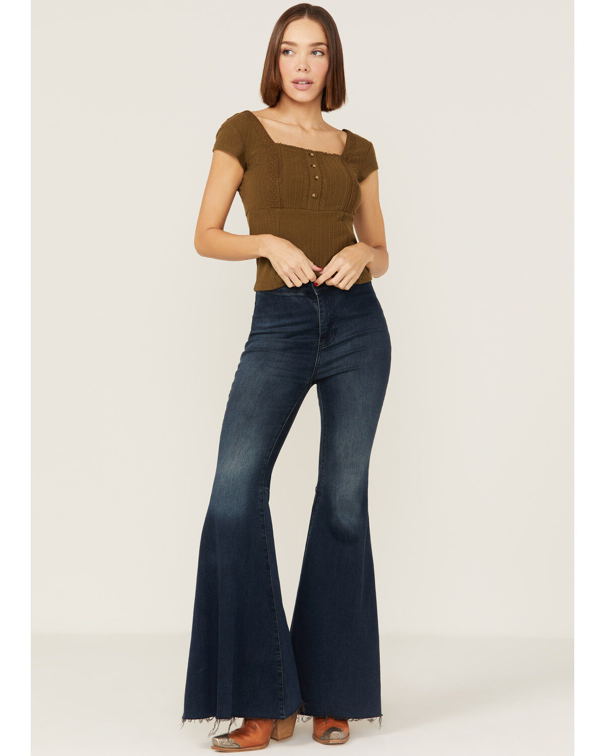 Shyanne Women's Square Neck Green Pointelle Top