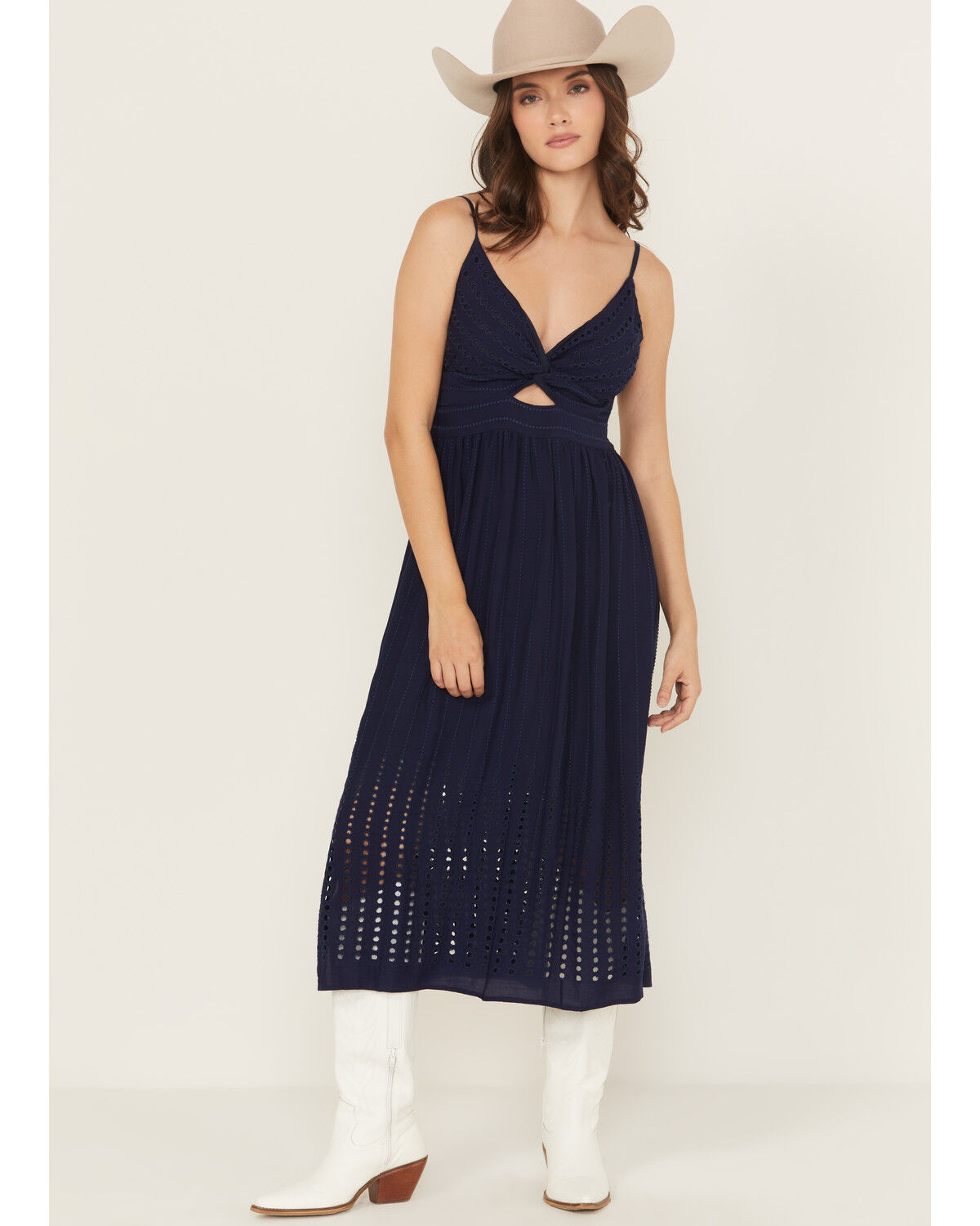 Angie Women's Embroidered Knot Front Midi Dress