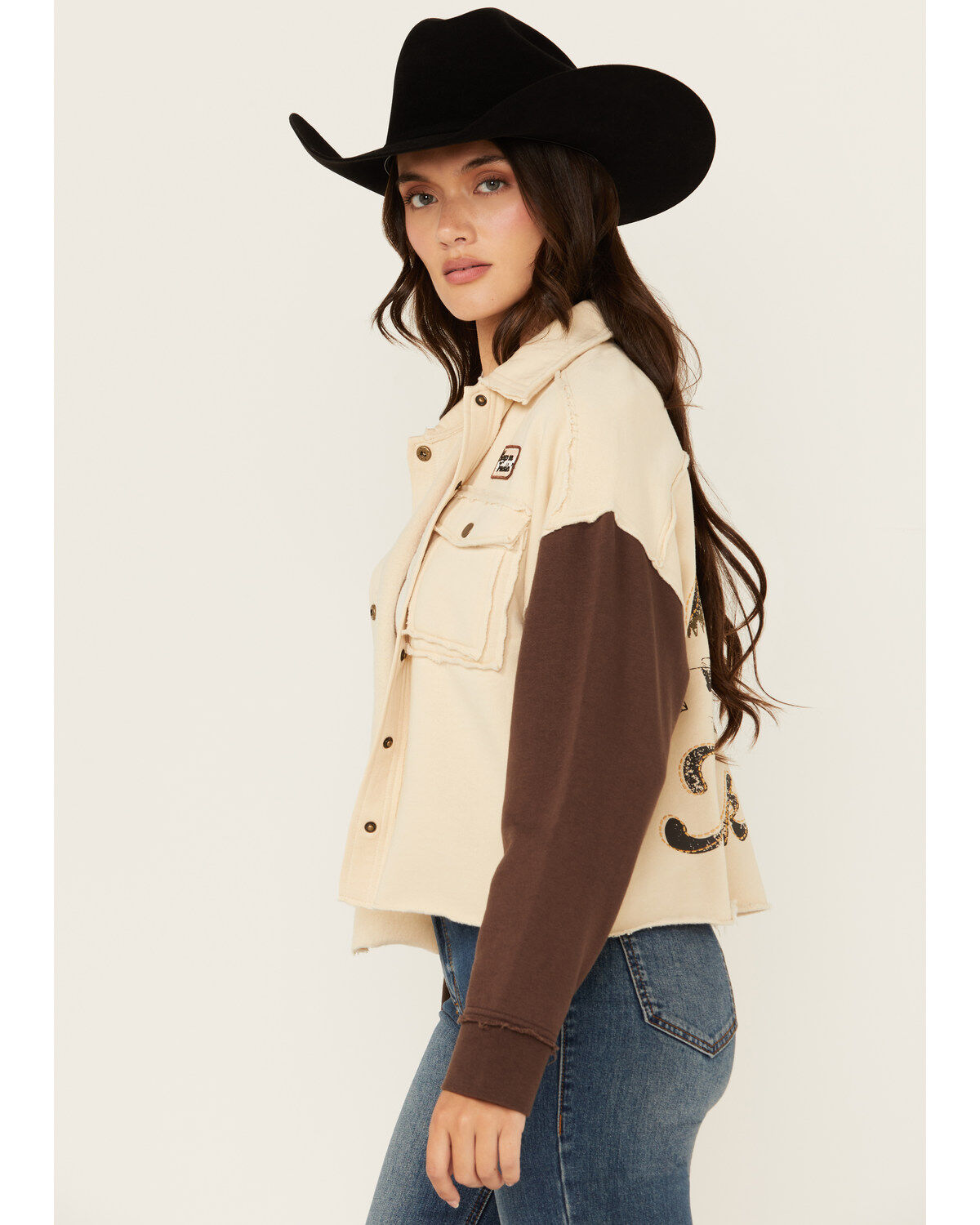 Cleo + Wolf Women's Color Block Graphic Print Snap Cropped Shacket