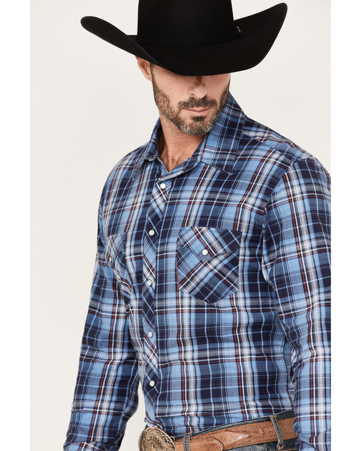 Rock & Roll Denim Men's Medium Plaid Stretch Long Sleeve Pearl Snap Shirt