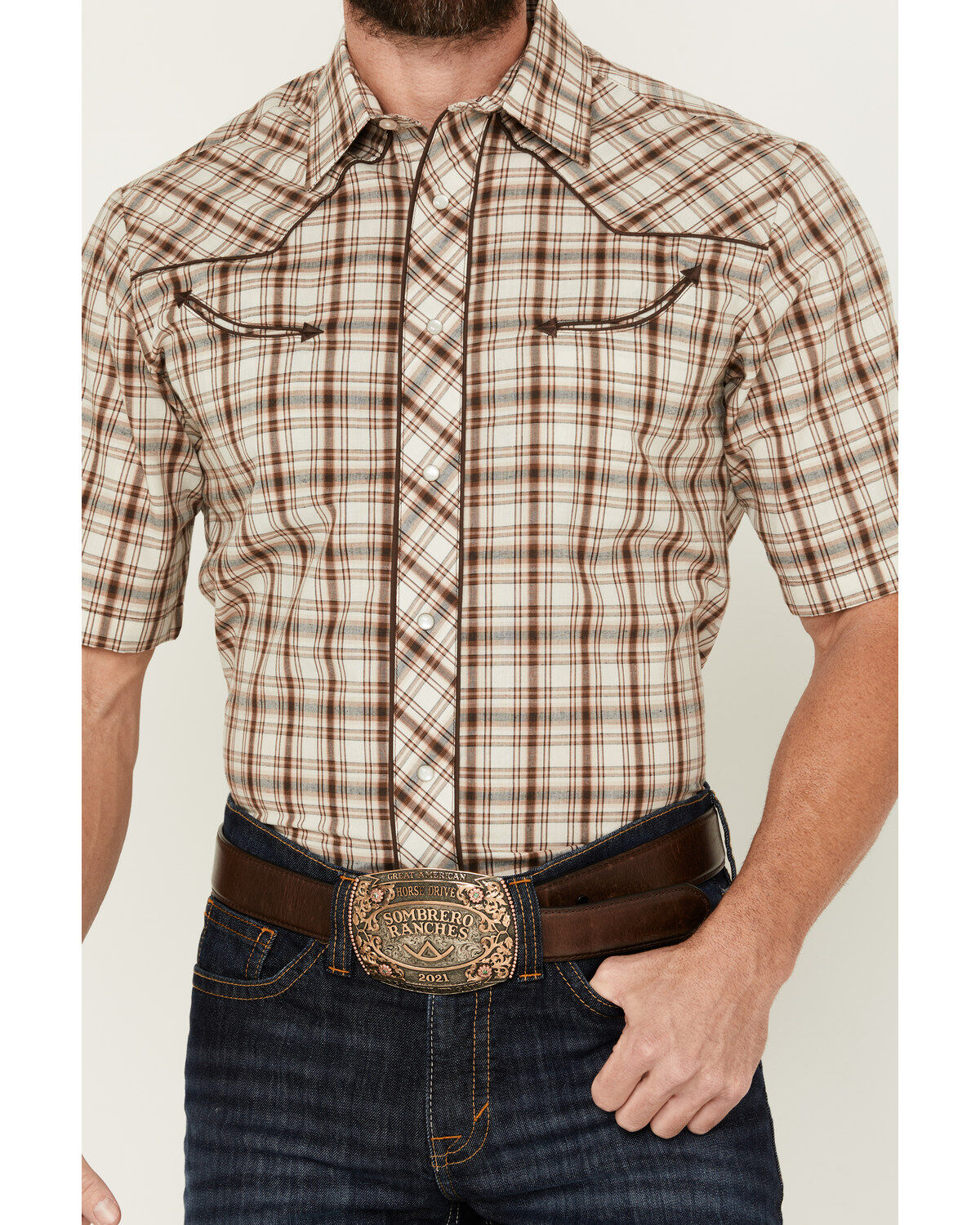 Roper Men's Medium Plaid Print Embroidered Yoke Short Sleeve Pearl Snap Western Shirt