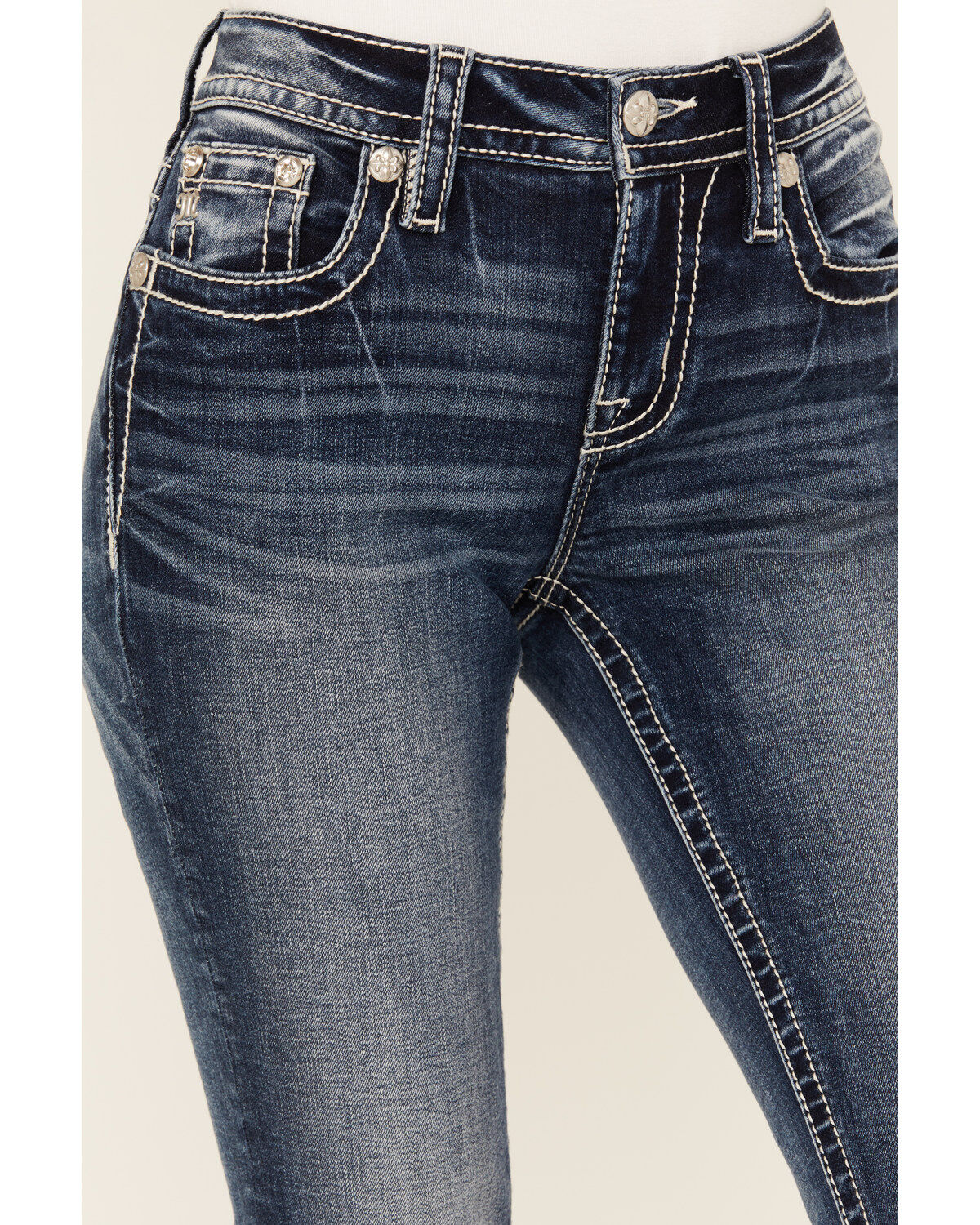Miss Me Women's Dark Rise Mid Wash Geo Feather Pocket Bootcut Stretched Denim Jeans