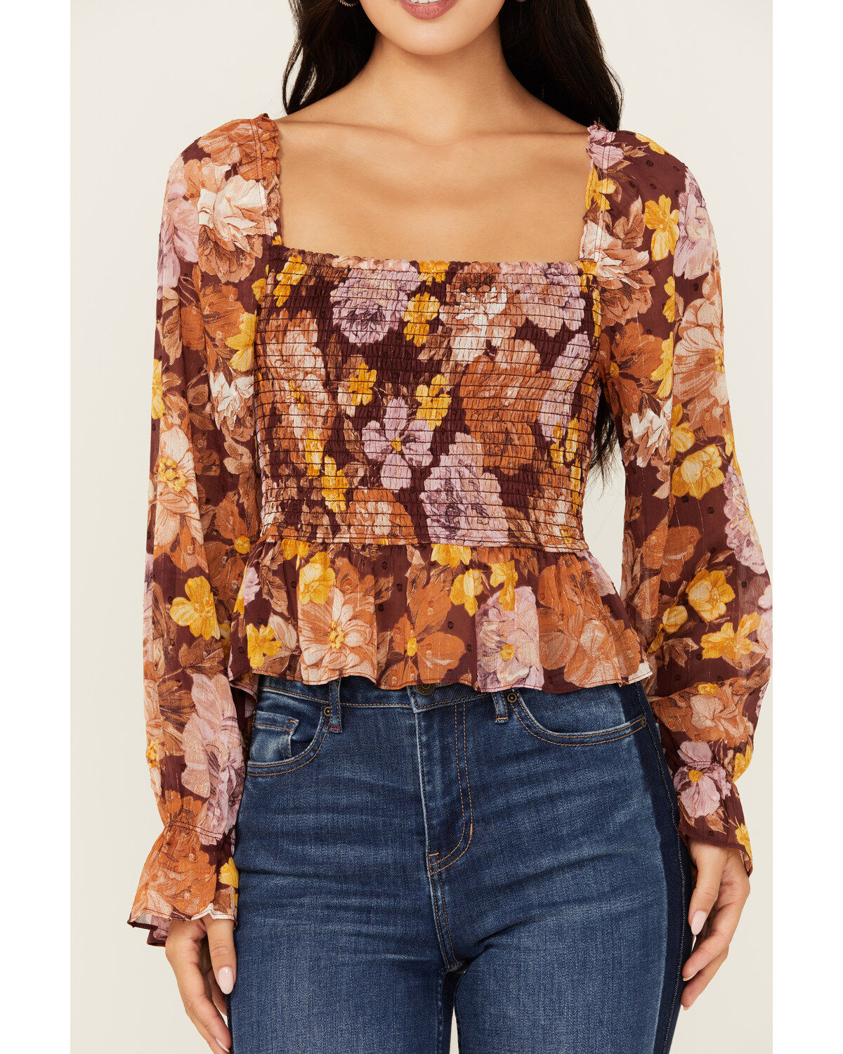 En Creme Women's Floral Print Shirred Long Sleeve Top