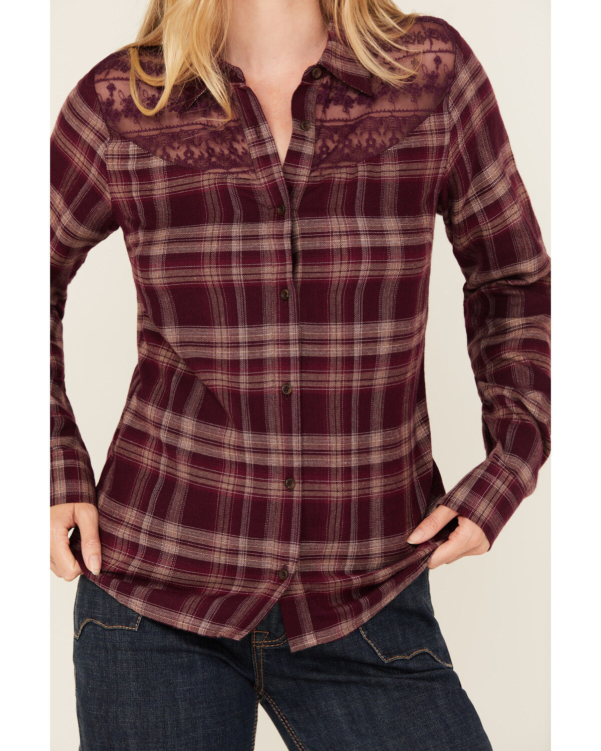Shyanne Women's Lace Yoke Plaid Print Long Sleeve Button-Down Western Shirt