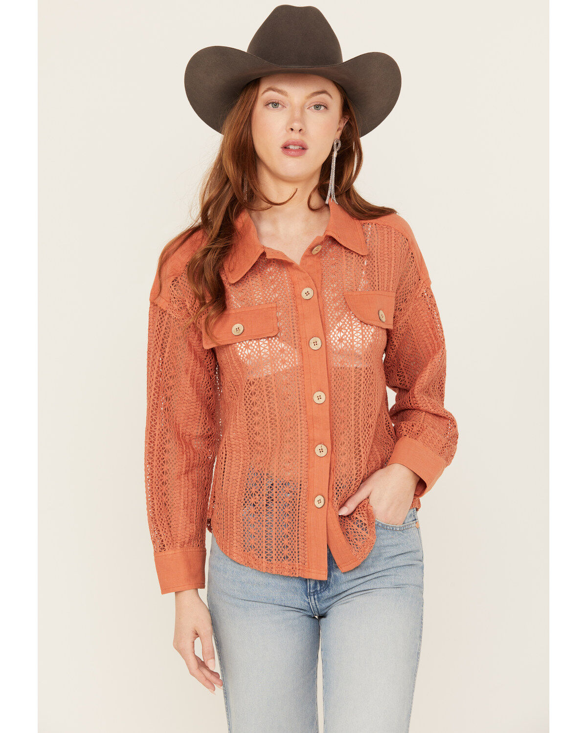 Very J Women's Crochet Button-Down Shirt