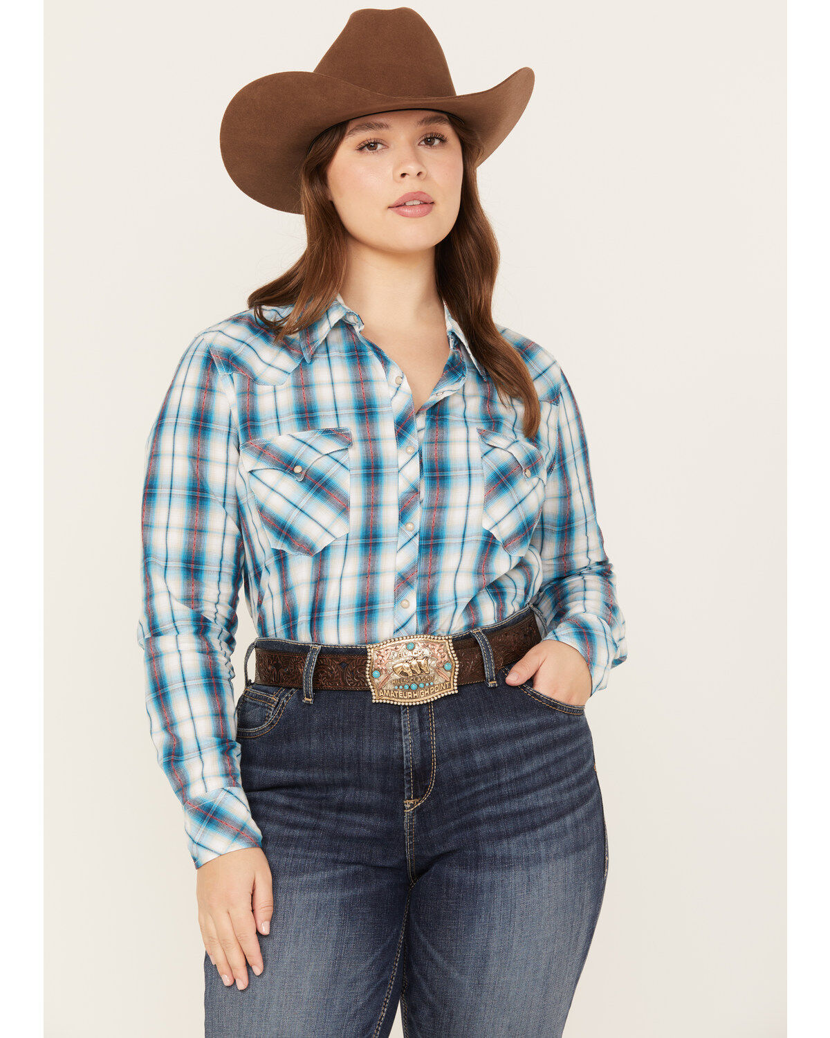 Roper Women's Plaid Print Long Sleeve Snap Western Shirt - Plus
