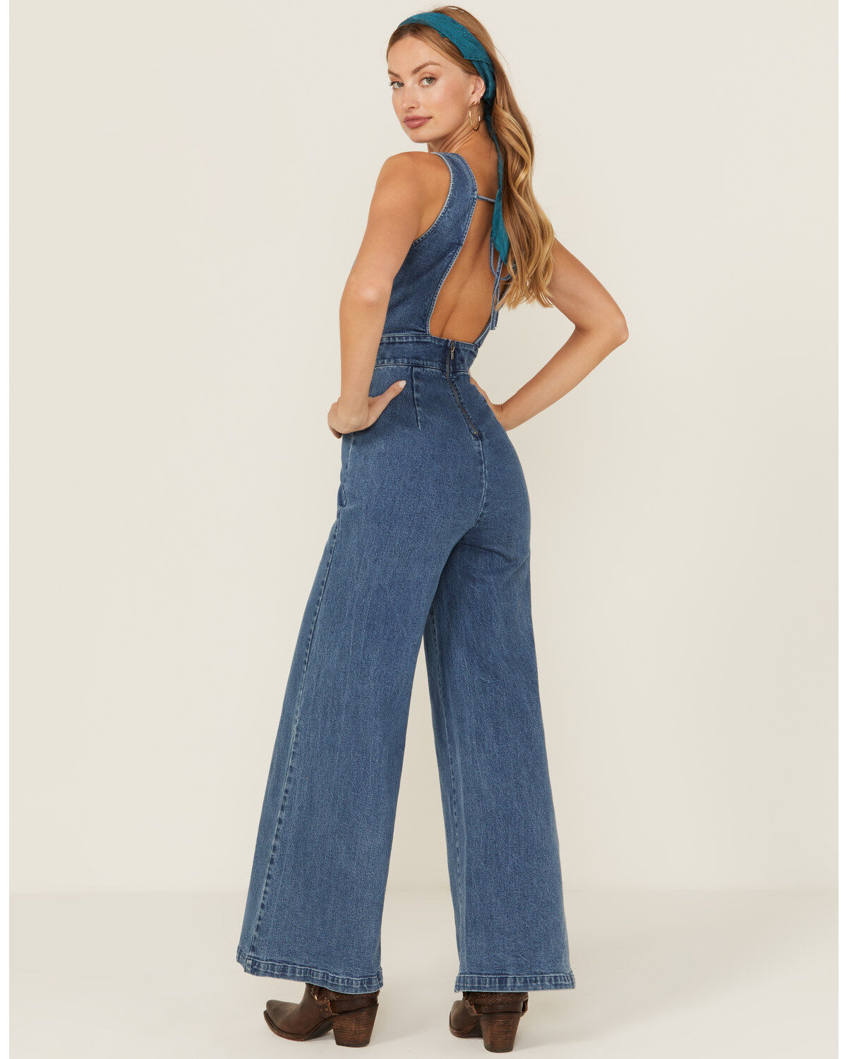 Flying Tomato Women's Denim Medium Wash Tie Back Jumpsuit