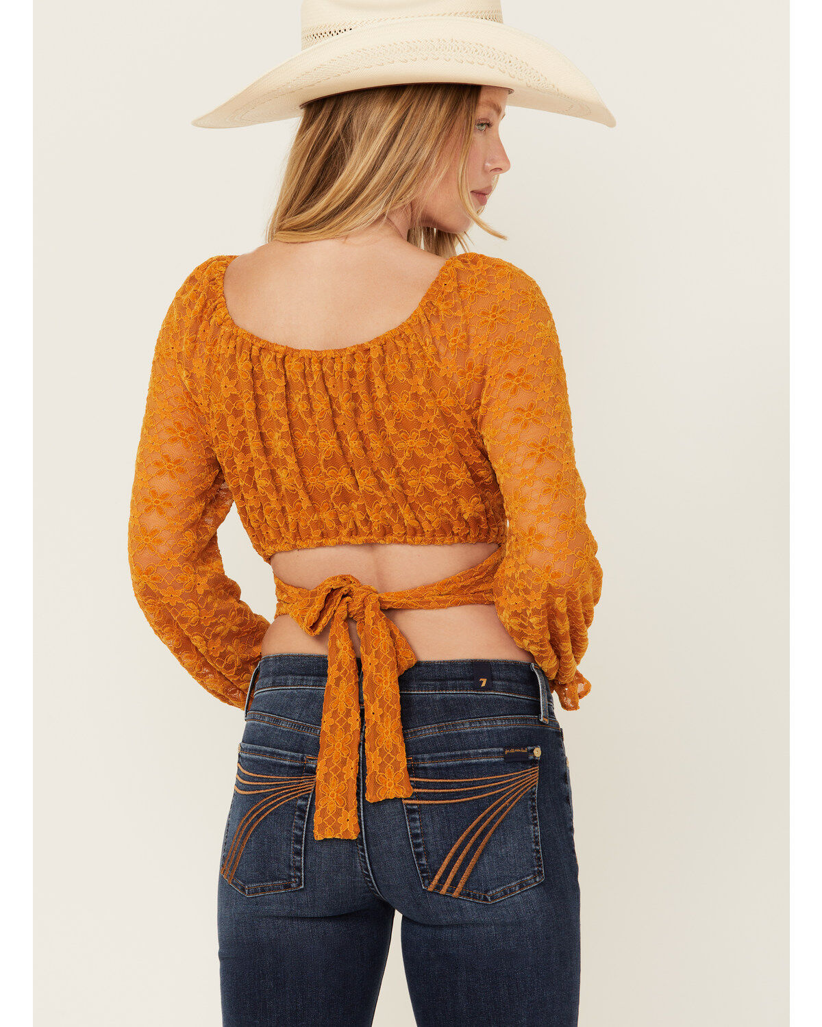 Beyond The Radar Women's Floral Lace Long Sleeve Tie Back Cropped Shirt