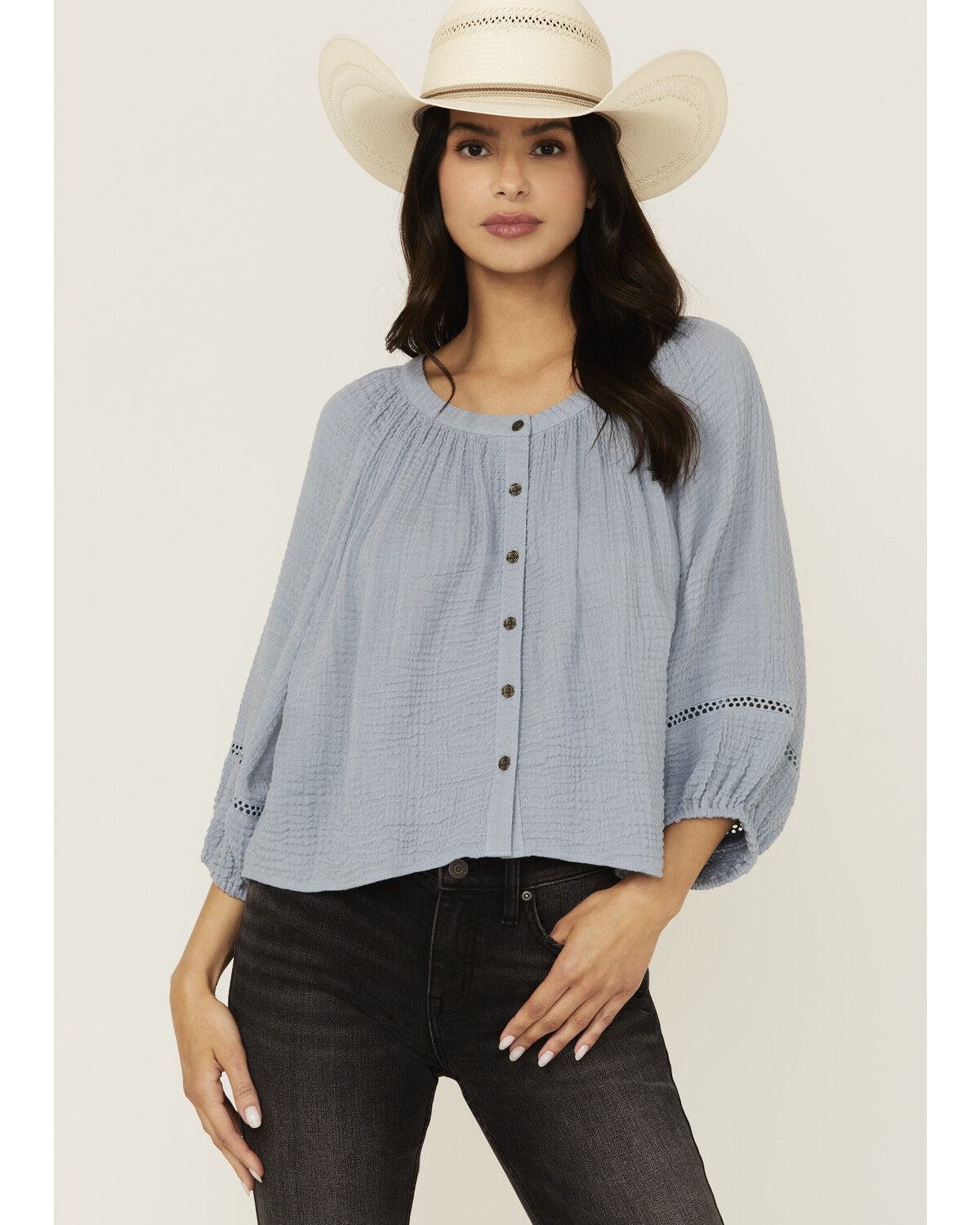 Cleo + Wolf Women's Brie Crochet Trim Long Sleeve Shirt