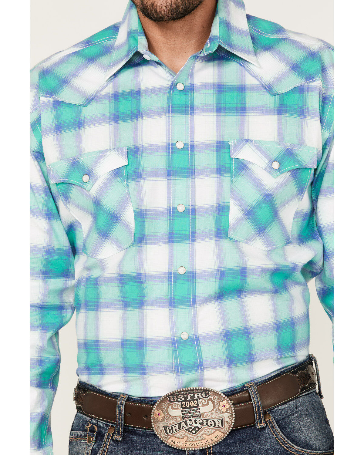 Rough Stock By Panhandle Men's Stretch Ombre Plaid Long Sleeve Pearl Snap Western Shirt