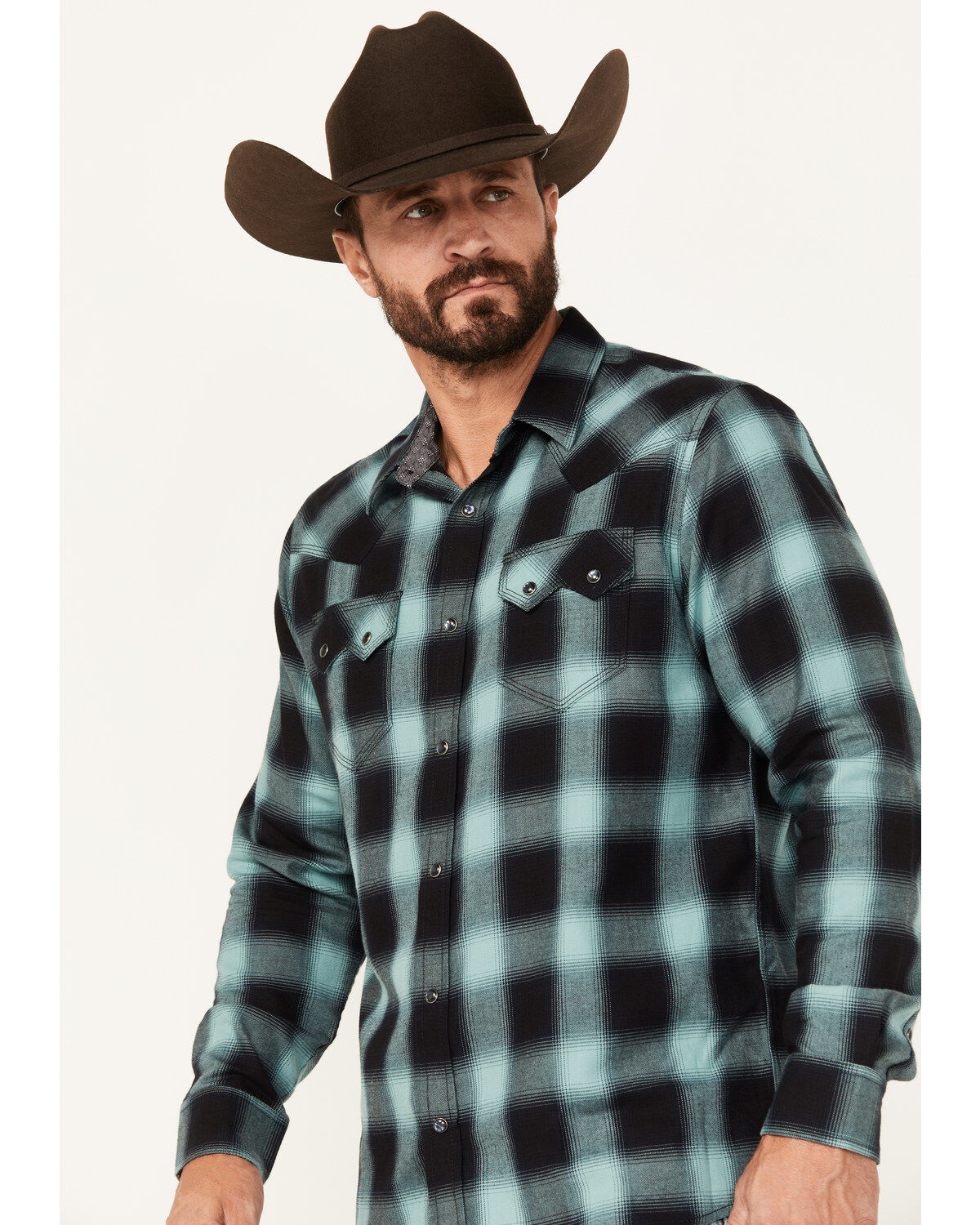 Moonshine Spirit Men's Ombre Plaid Print Long Sleeve Snap Western Shirt