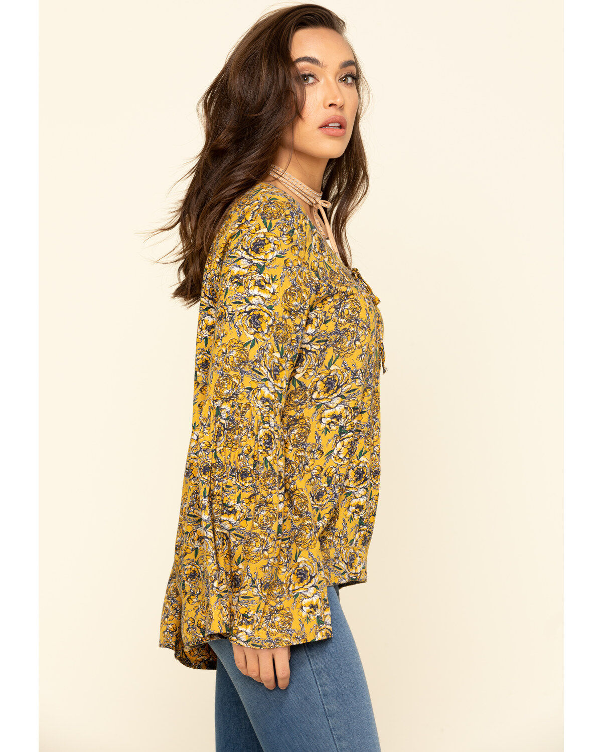 Rock & Roll Denim Women's Yellow Floral Bell Sleeve Top