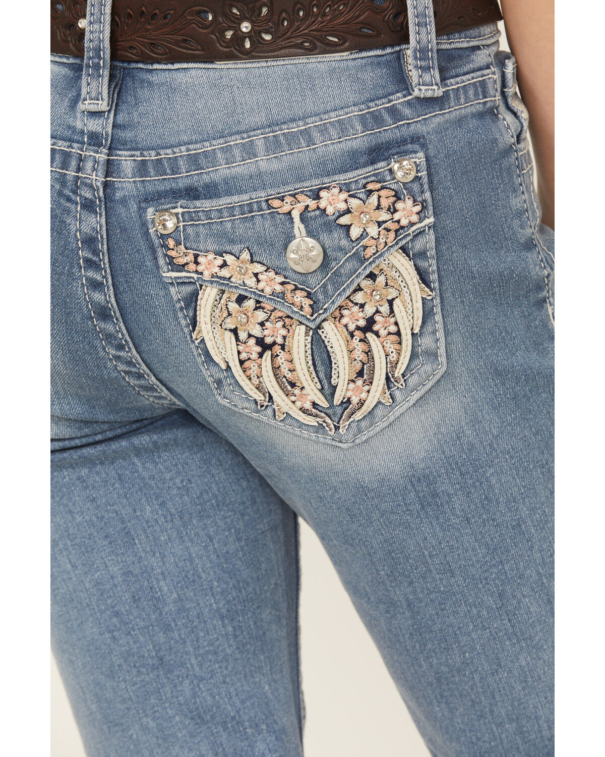 Miss Me Girls' Floral Embroidered Medium Wash Bootcut Stretch Denim Jeans
