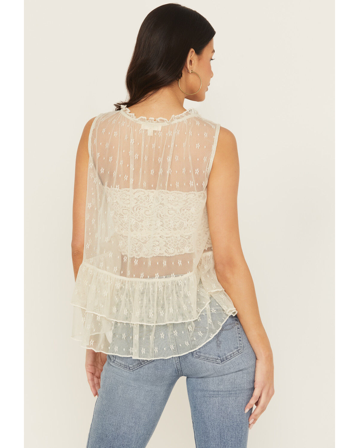 Originality Women's Lace Tie-Front Sleeveless Ruffle Top