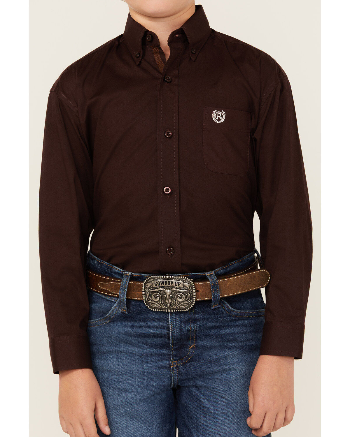 Panhandle Select Boys' Solid Long Sleeve Button-Down Stretch Western Shirt