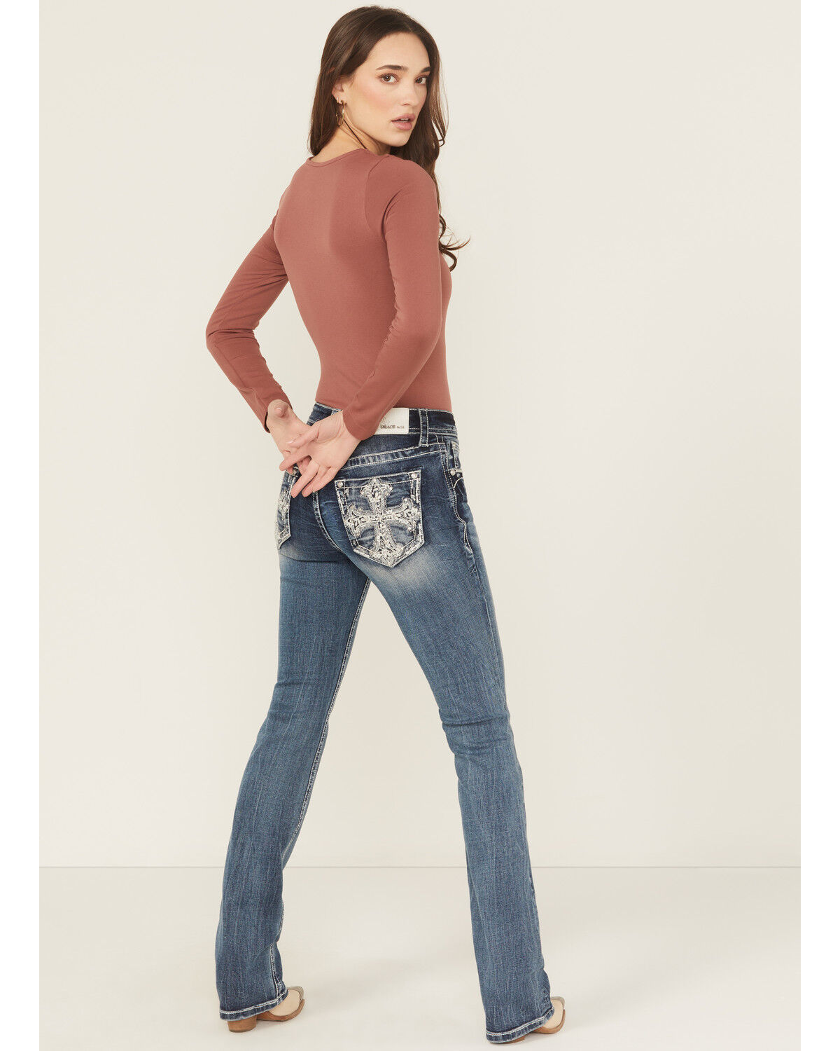Grace In LA Women's Medium Wash Mid Rise Embroidered Cross Bootcut Stretch Denim Jeans