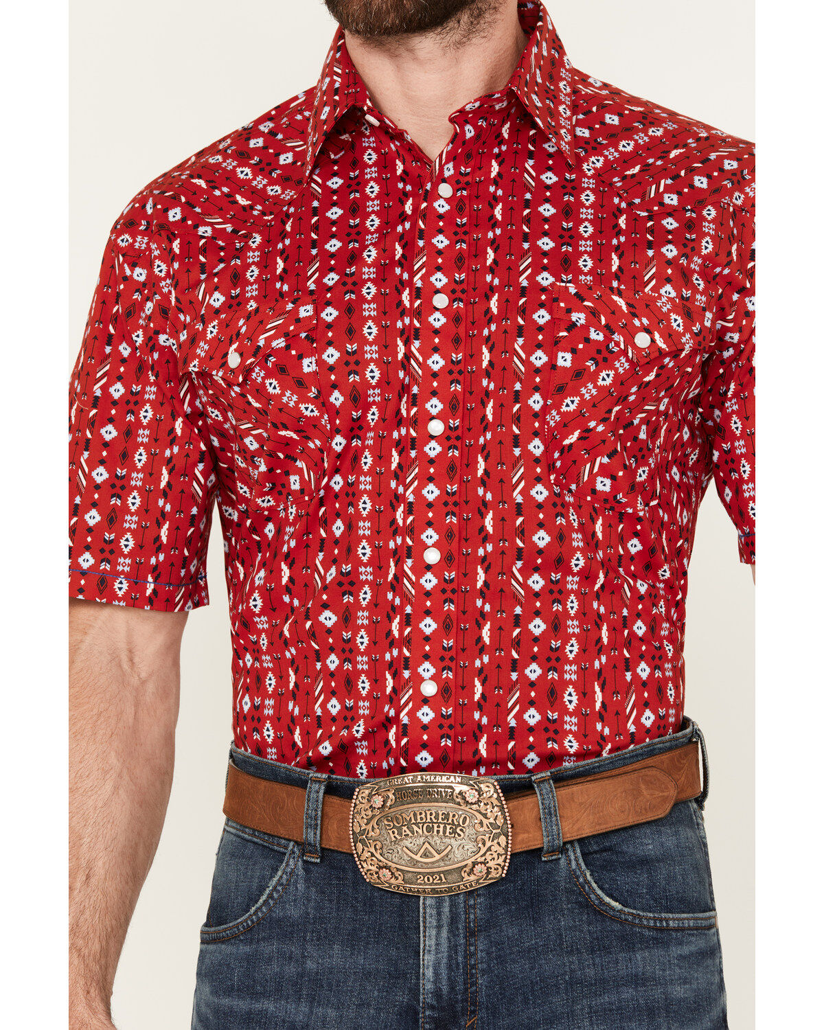 Rough Stock by Panhandle Men's Southwestern Print Short Sleeve Pearl Snap Western Shirt