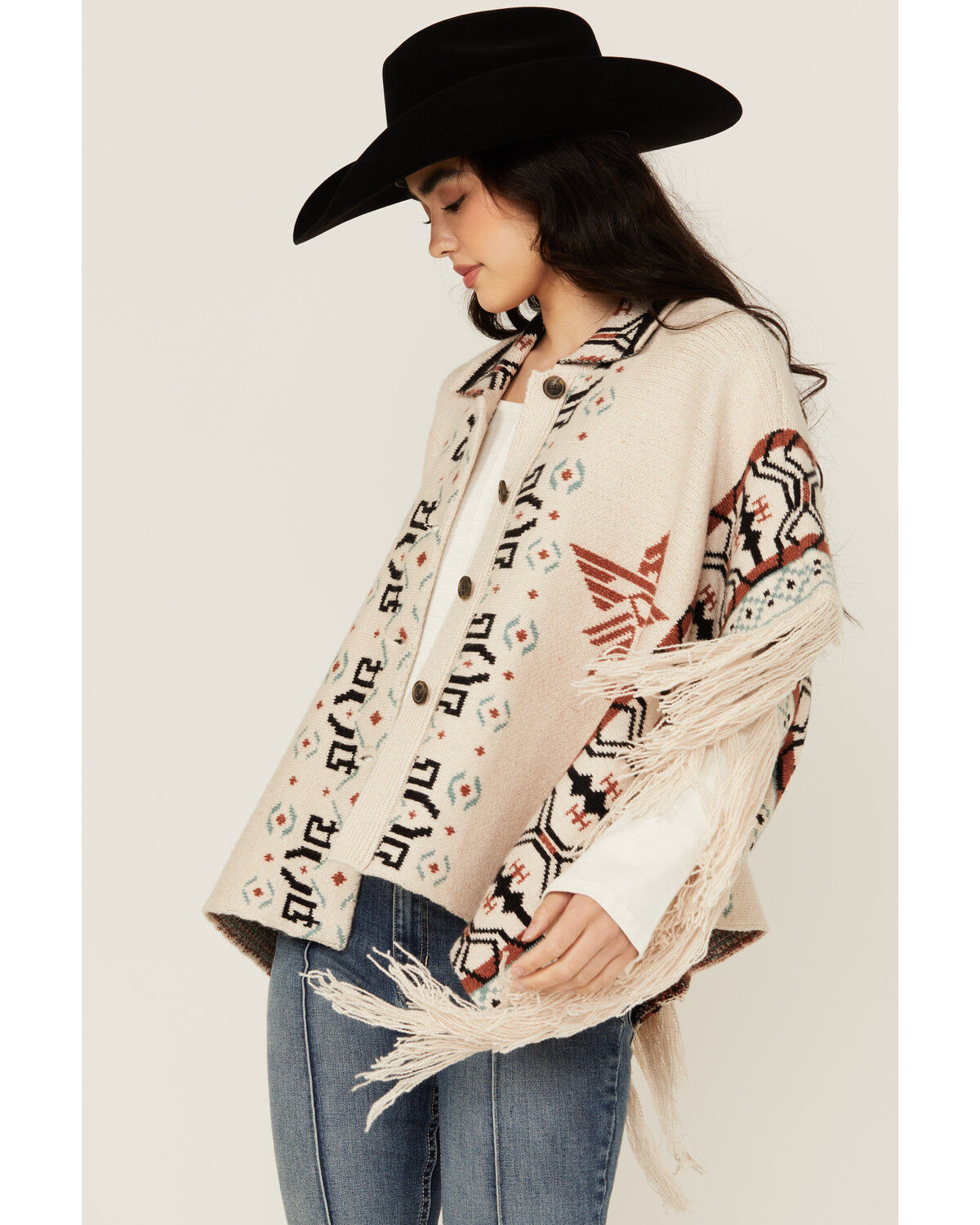 Idyllwind Women's Flyaway Southwestern Print Fringe Button-Down Poncho