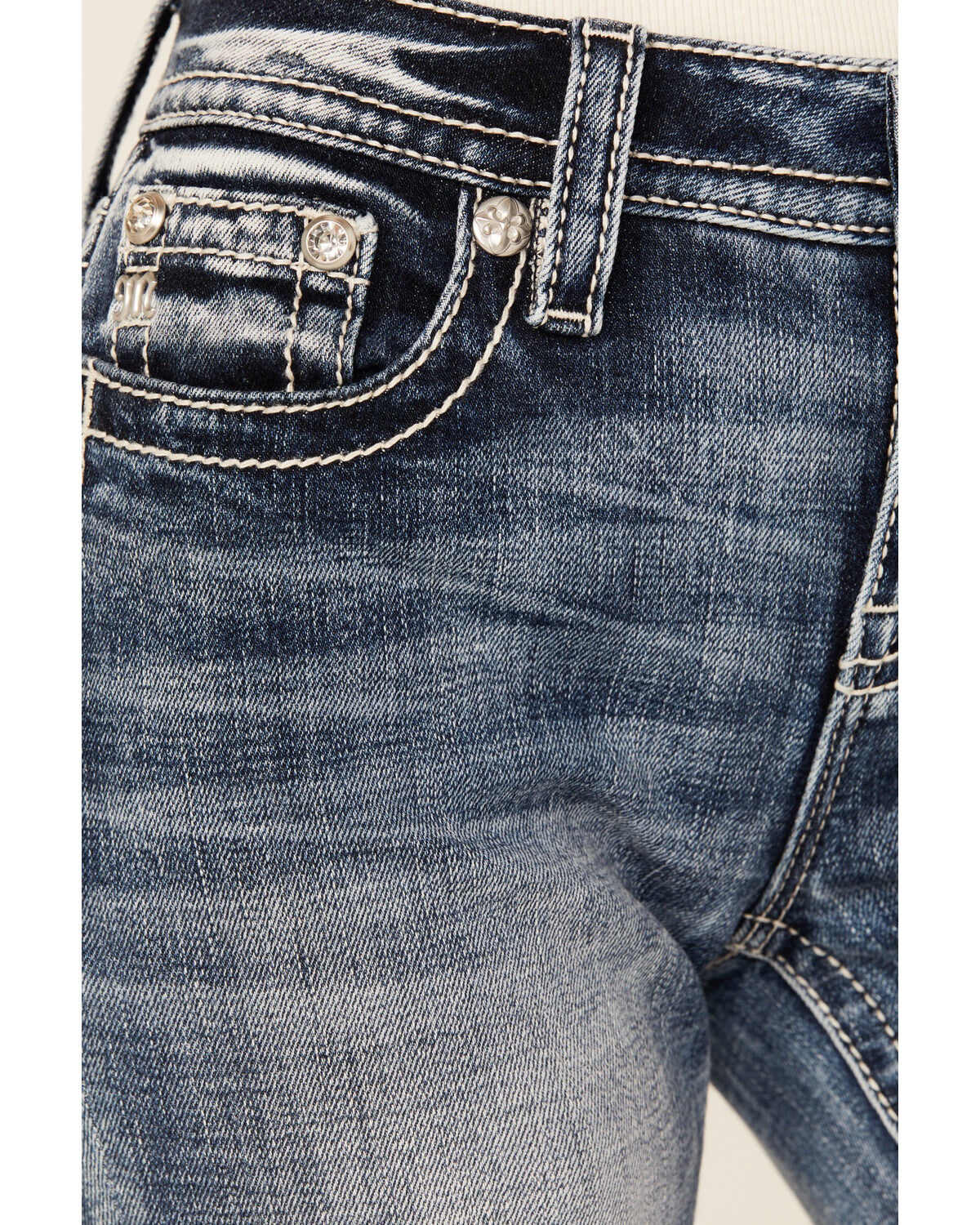 Miss Me Women's Medium Wash Mid Rise Horseshoe Bootcut Stretch Denim Jeans