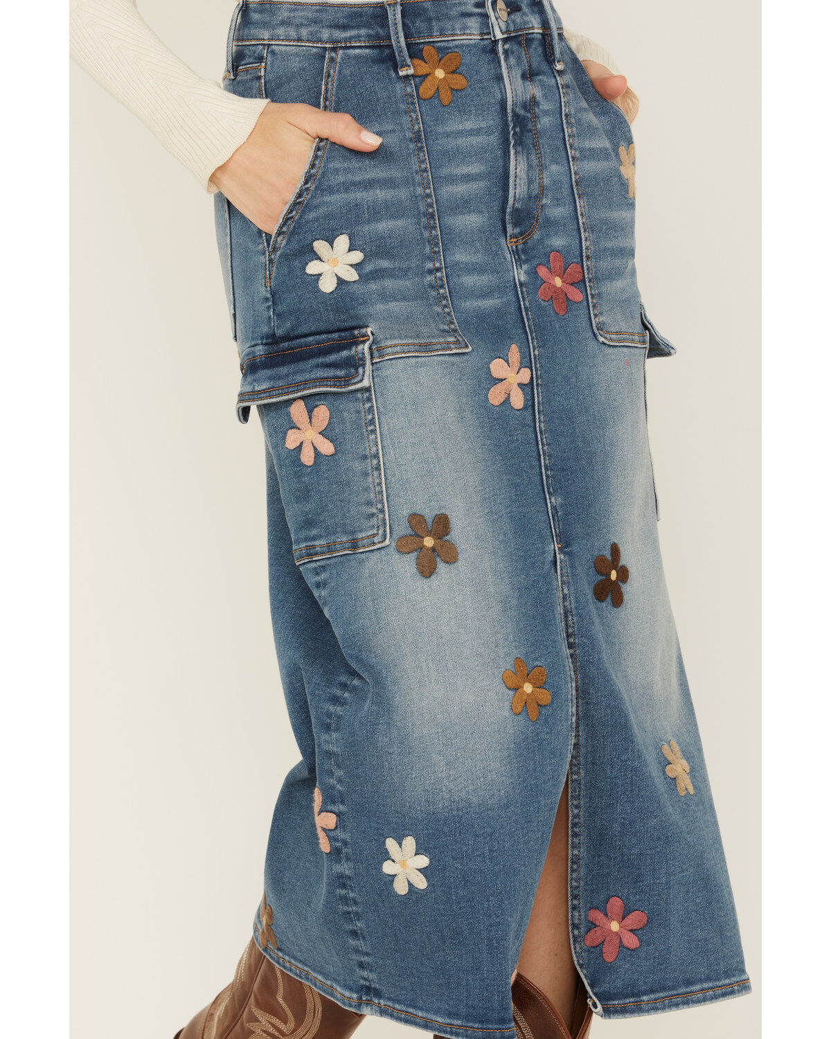 Driftwood Women's Medium Wash Floral Embroidered Denim Cargo Midi Skirt