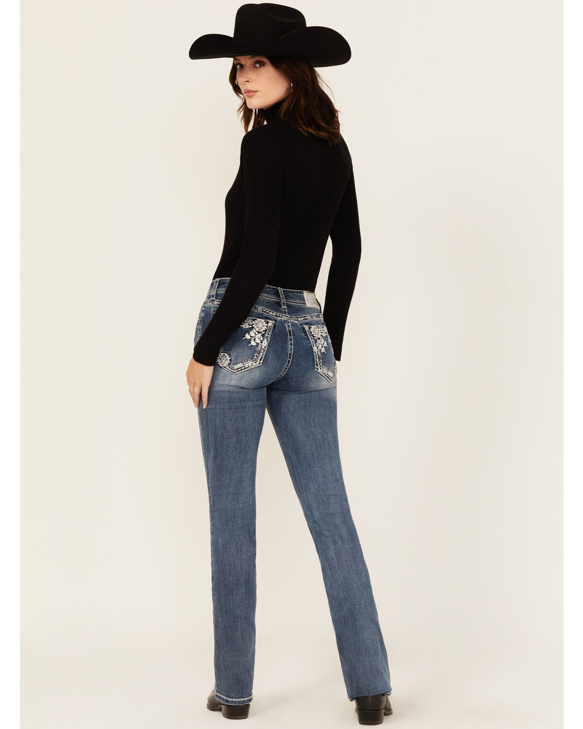 Grace In LA Women's Medium Wash Geo Print Embroidered Mid Rise Bootcut Stretch Denim Jeans