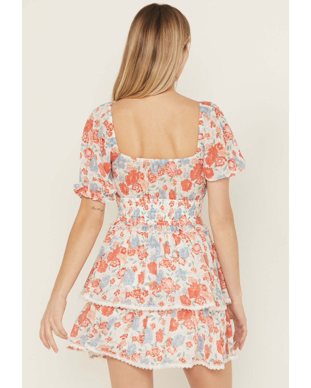 Ash & Violet Women's Floral Print Short Sleeve Lace Trim Mini Dress