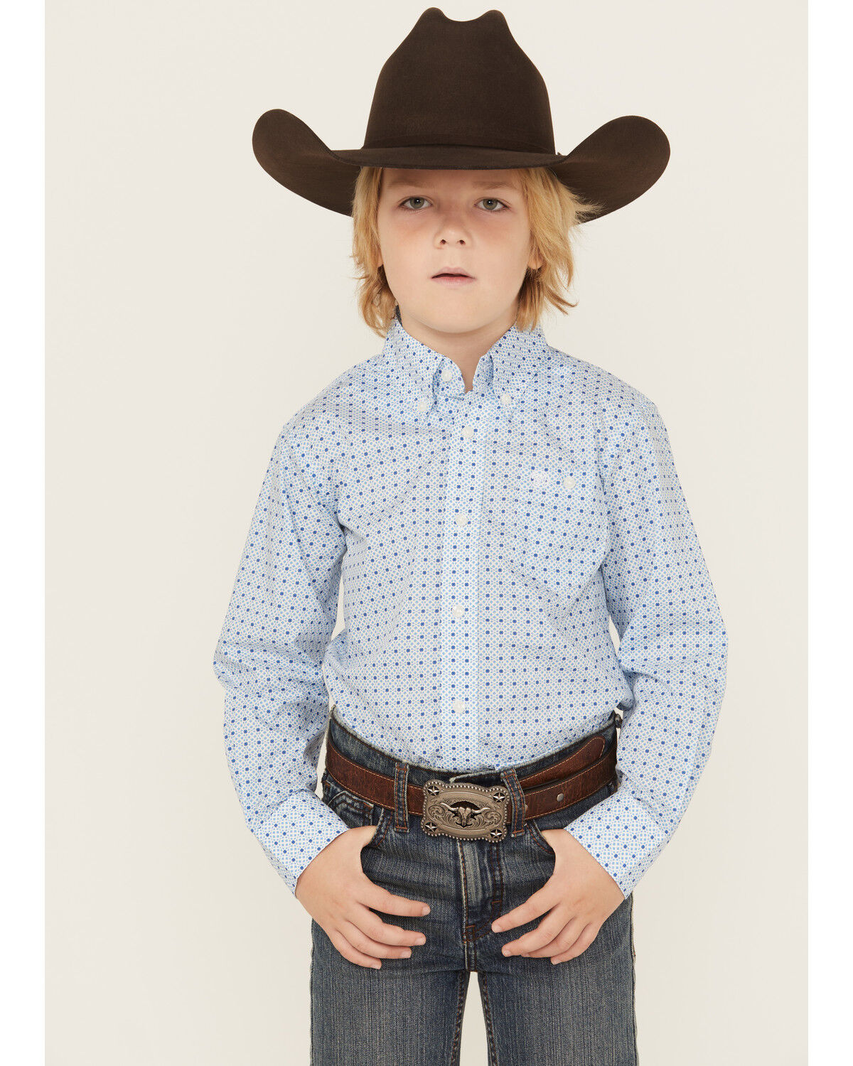 Wrangler Boys' Dotted Long Sleeve Button-Down Stretch Western Shirt