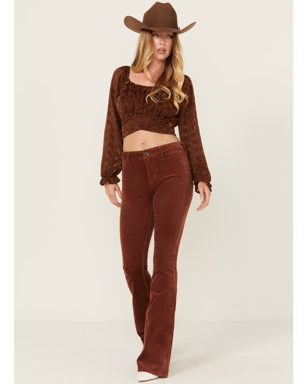 Rock & Roll Denim Women's High Rise Corduroy Button Flare Jeans