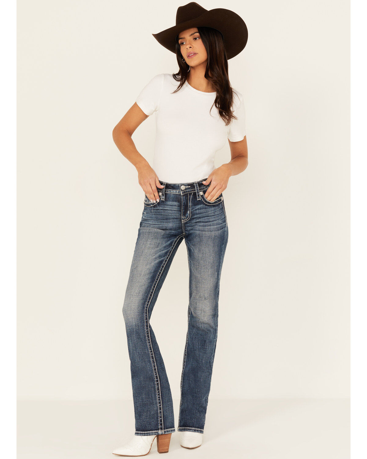 Miss Me Women's Dark Wash Mid Rise Floral Pocket Slim Bootcut Stretch Denim Jeans