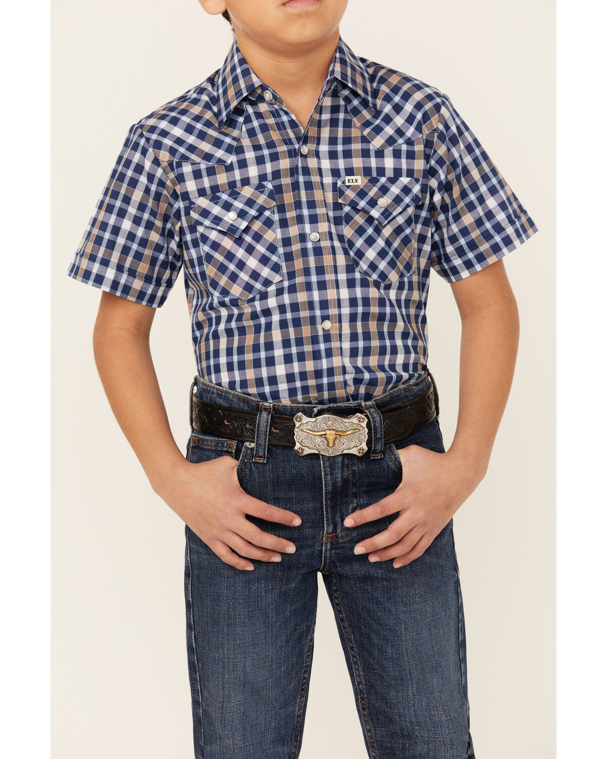 Ely Walker Boys' Plaid Print Short Sleeve Pearl Snap Western Shirt