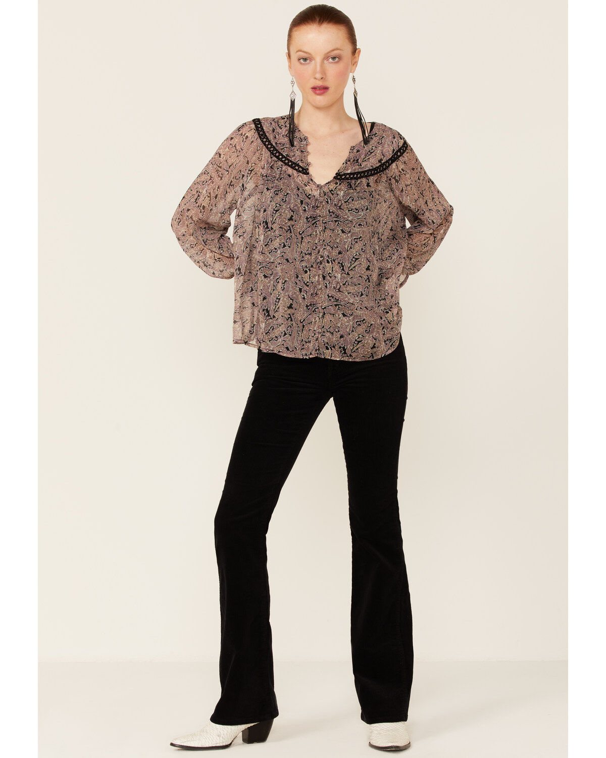 Lovestitch Women's Black Orchid Long Sleeve Lace Trim Peasant Blouse