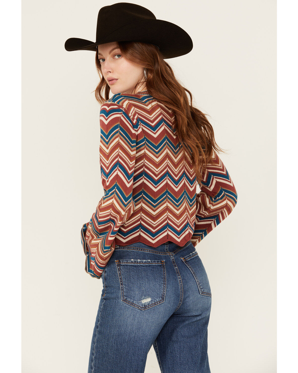 Rock & Roll Denim Women's Zig Zag Print Long Sleeve Bell Sweater