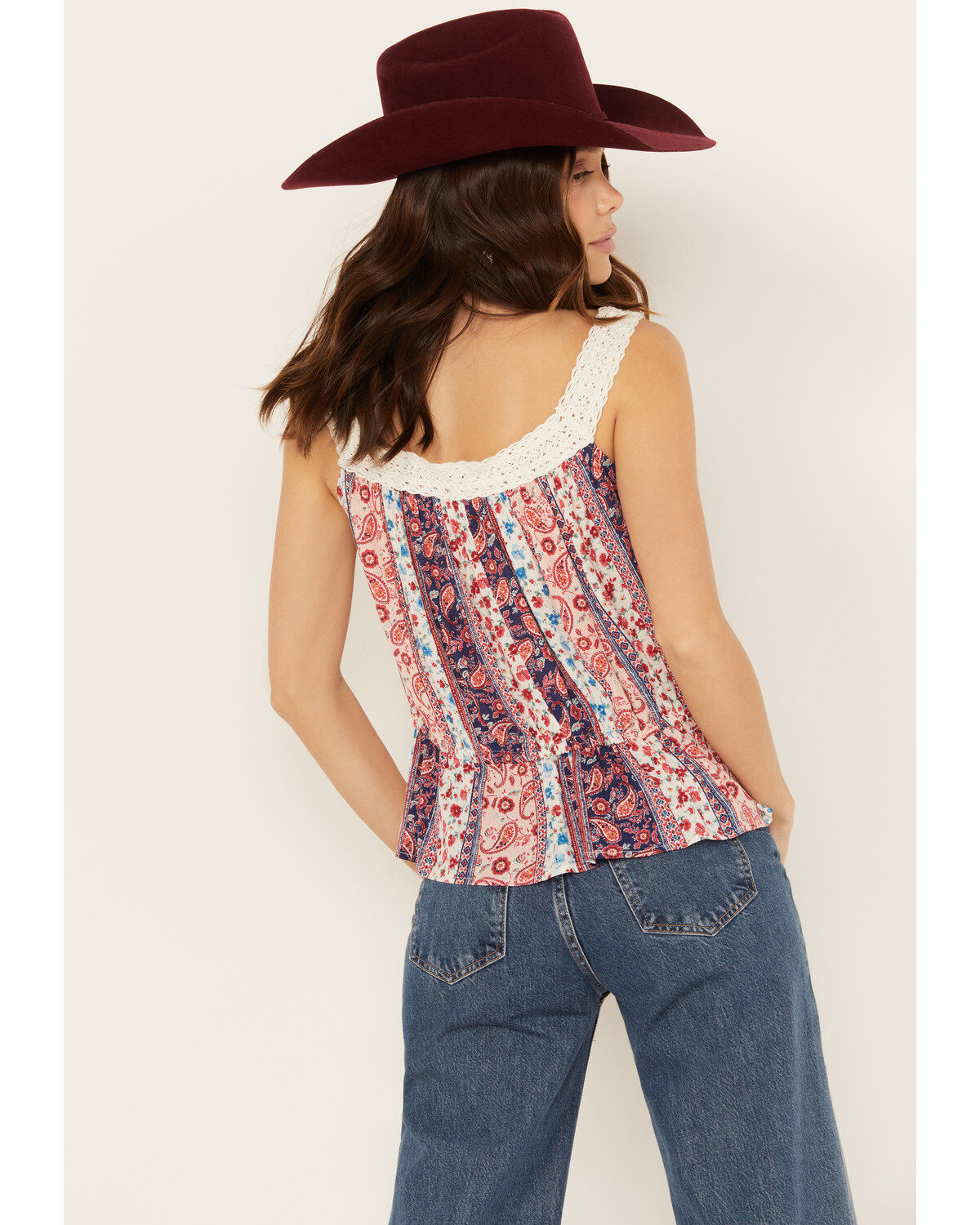 Wild Moss Women's Print Peplum Crochet Trim Top