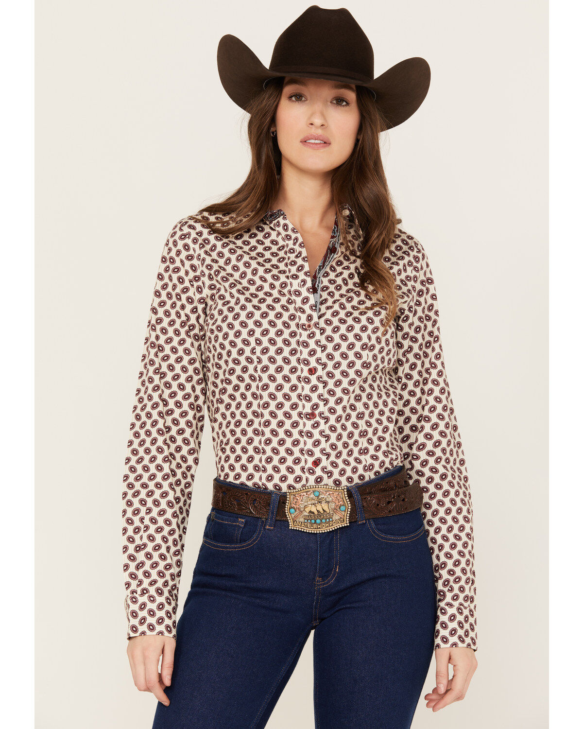 Cinch Women's Medallion Striped Long Sleeve Button-Down Western Shirt