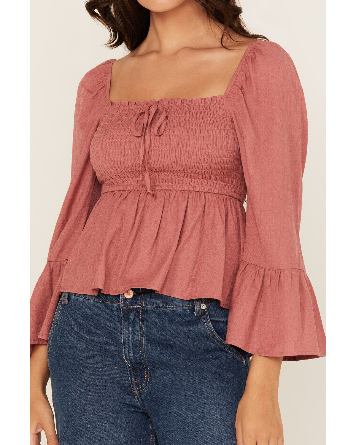 Ash & Violet Women's Solid Smocked Long Sleeve Blouse