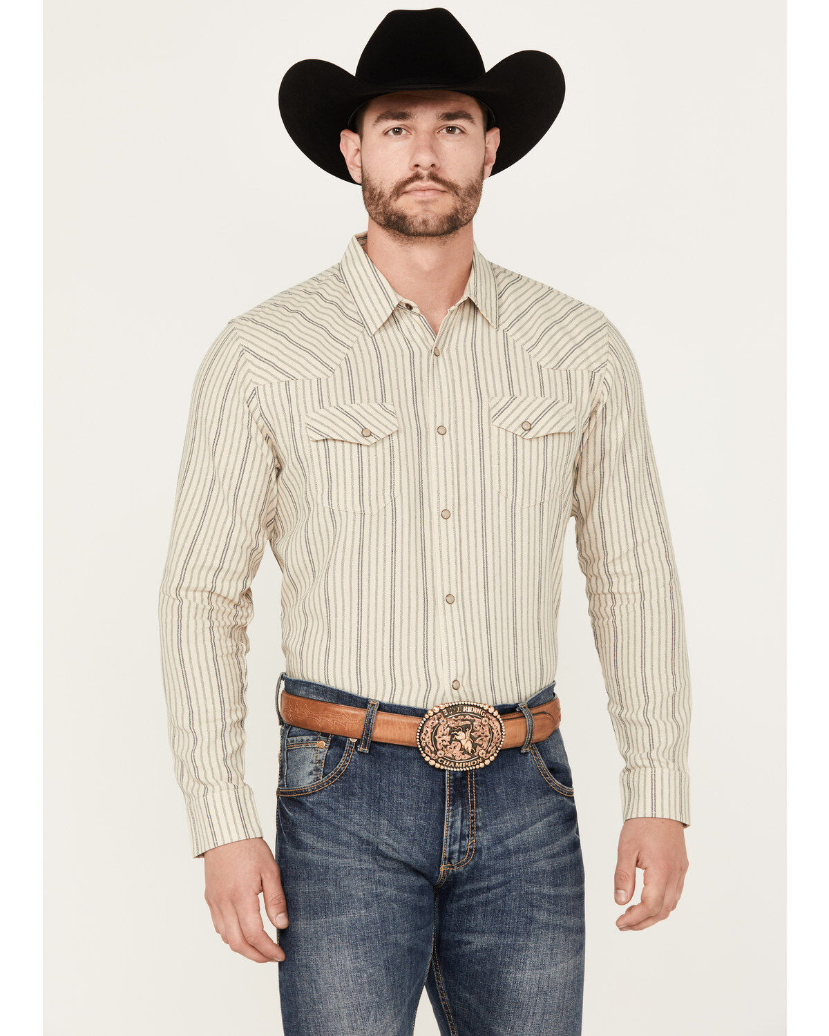 Blue Ranchwear Men's Goliad Striped Print Long Sleeve Snap Shirt