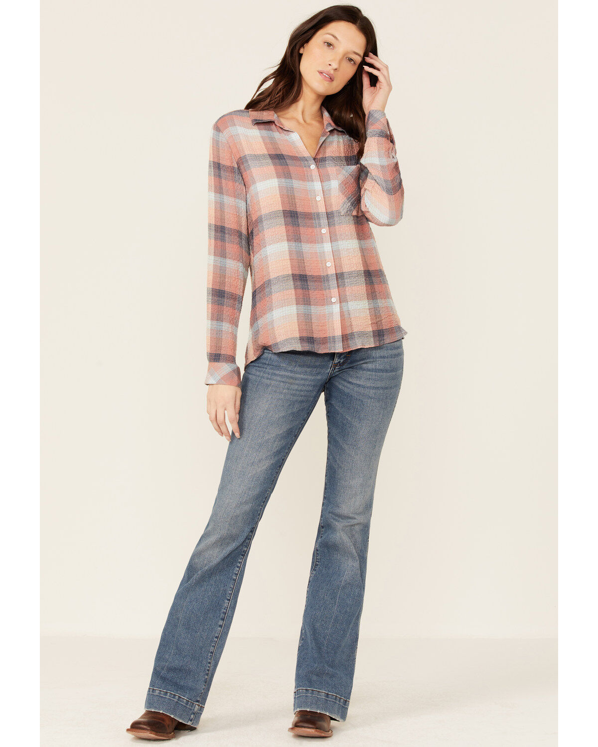 North River Women's Crinkle Ryn Desert Rust Plaid Shirt