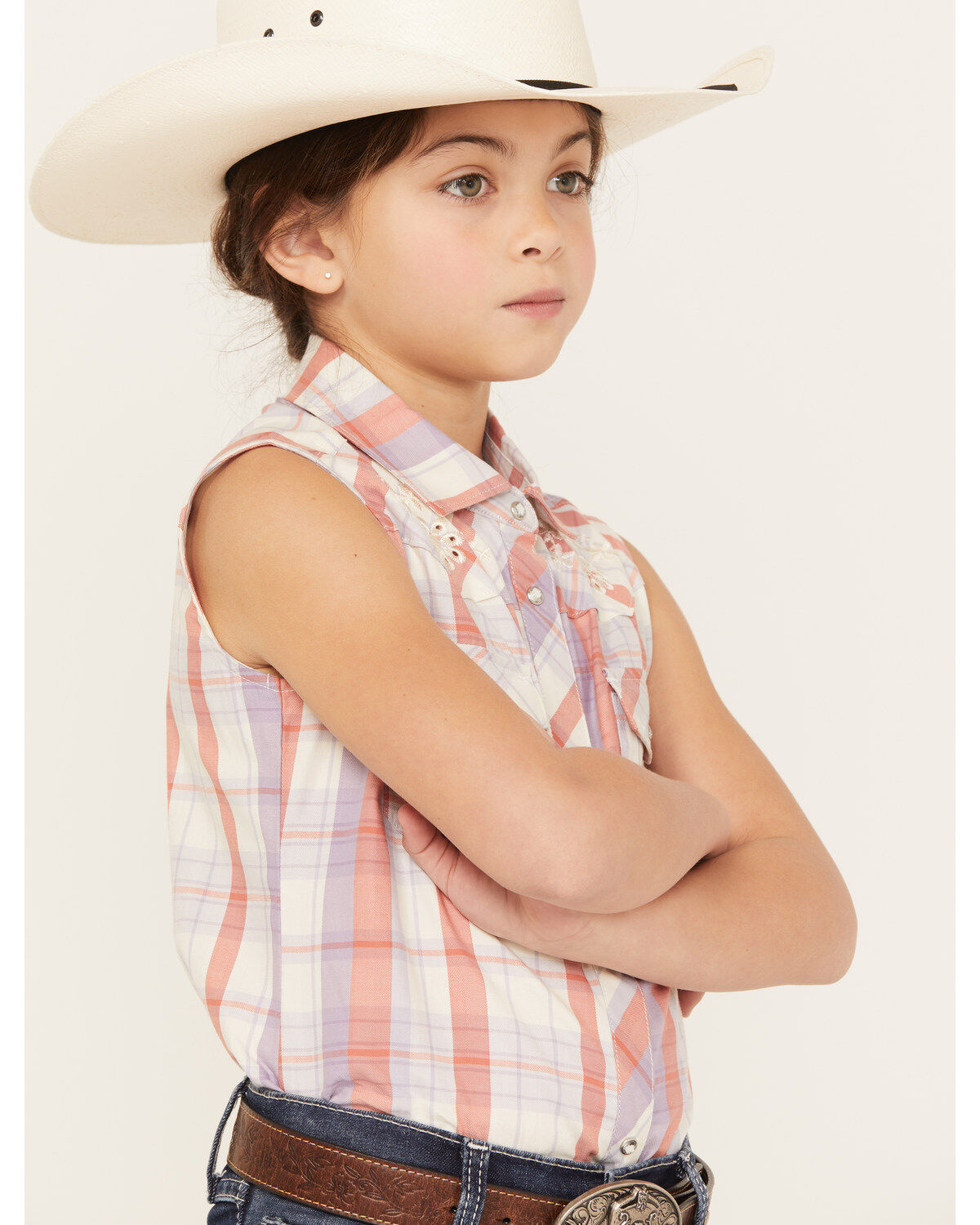 Shyanne Girls' Sleeveless Plaid Print Western Pearl Snap Shirt