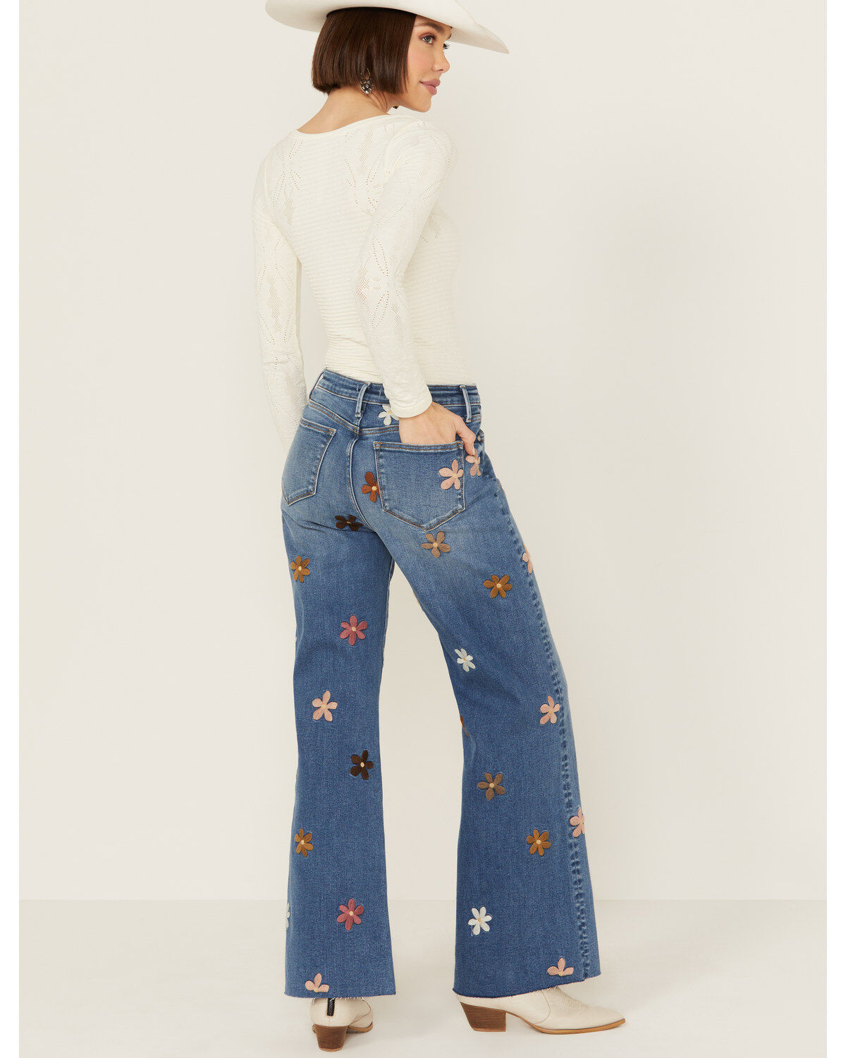 Driftwood Women's Charlee X Doo Wop Medium Wash High Rise Floral Embroidered Straight Stretch Denim Jeans