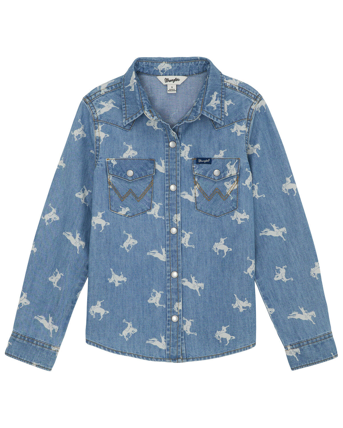 Wrangler Girls' Conversation Print Long Sleeve Snap Denim Western Shirt