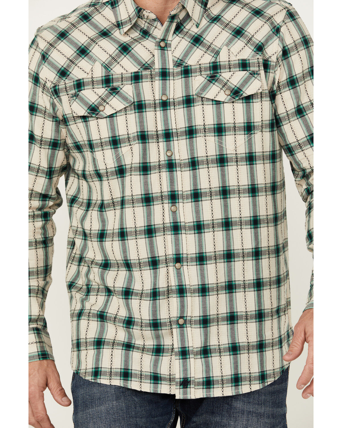 Moonshine Spirit Men's Last Call Dobby Plaid Print Long Sleeve Pearl Snap Western Shirt
