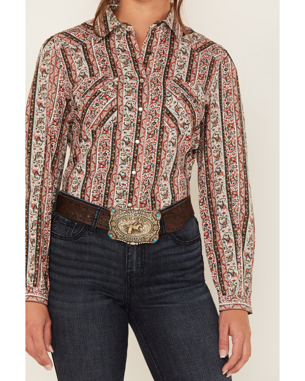 Cruel Girl Women's Paisley Stripe Long Sleeve Pearl Snap Western Shirt