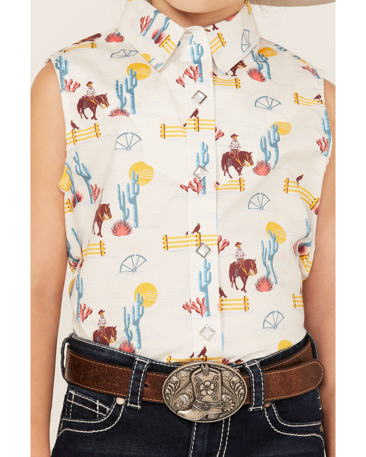 Rock & Roll Denim Girls' Cowboy Horse Print Sleeveless Western Snap Shirt