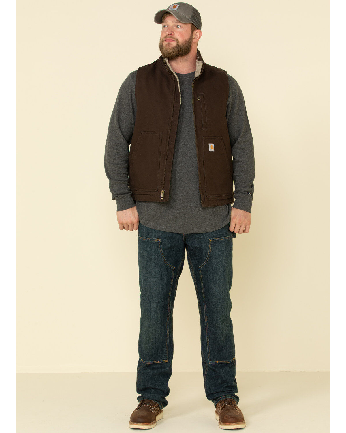 Carhartt Men's Dark Brown Washed Duck Sherpa Lined Mock Neck Work Vest - Big