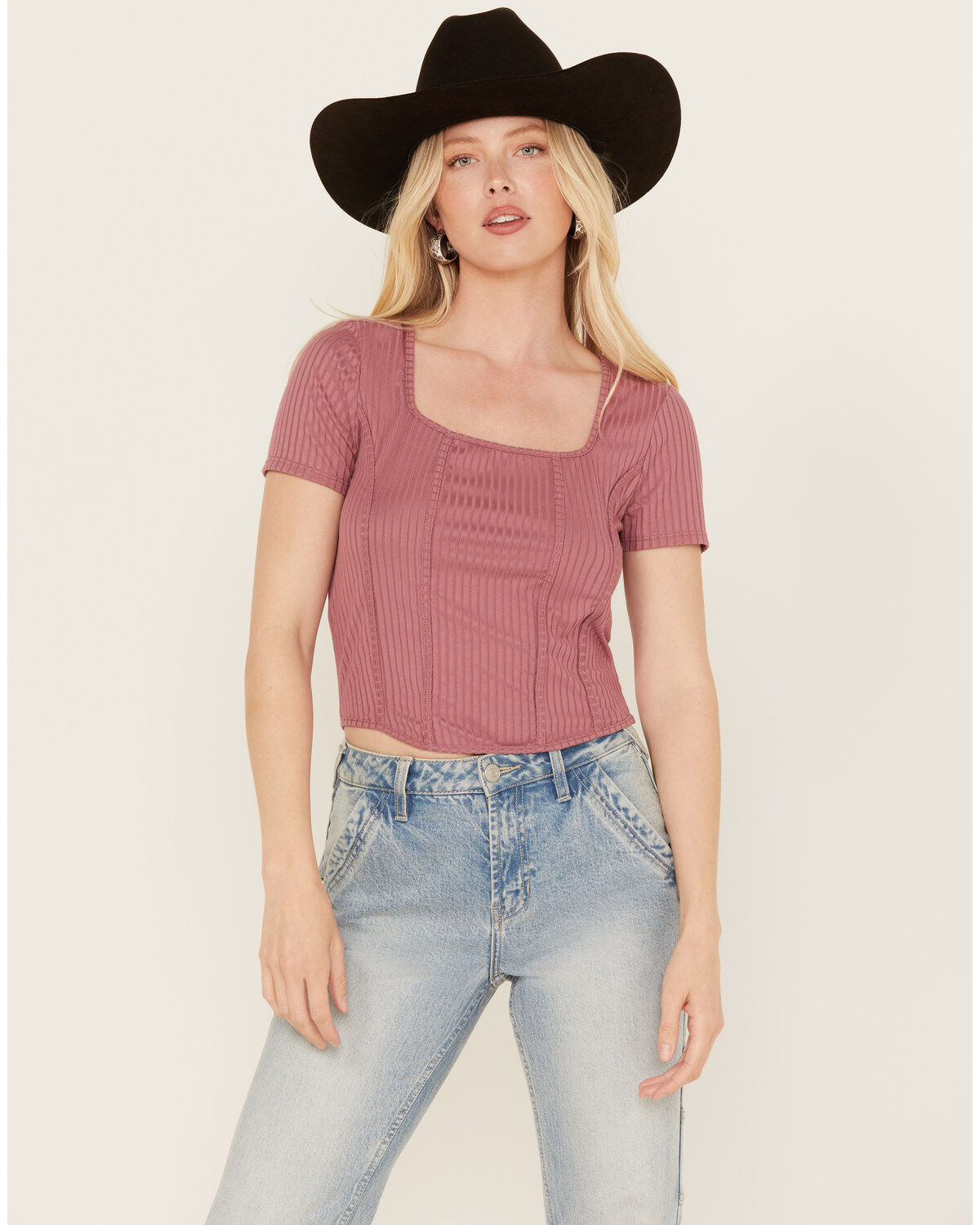 Moa Moa Women's Ribbed Corset Style Short Sleeve Top