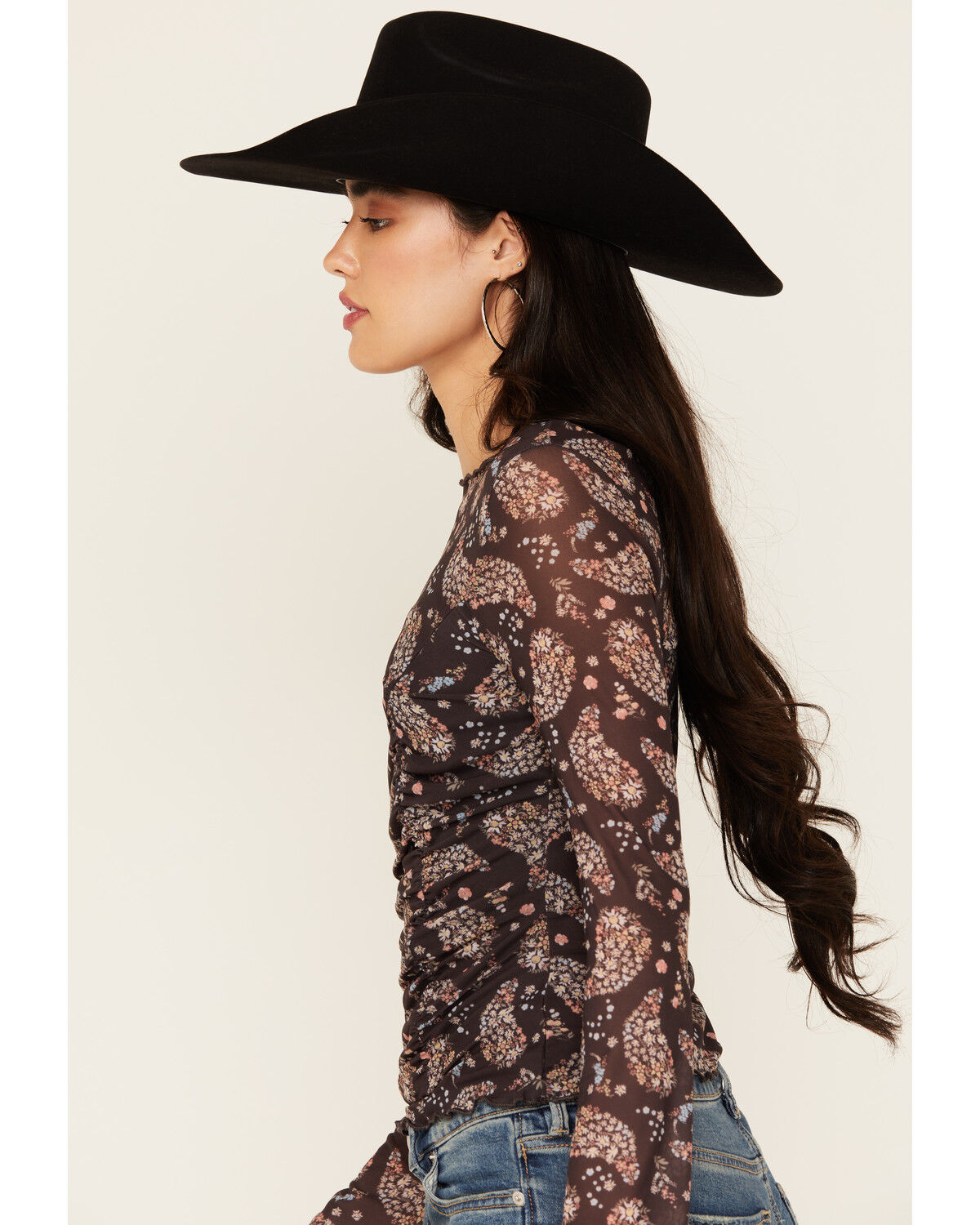 Ash & Violet Women's Paisley Print Mesh Seamed Long Sleeve Top