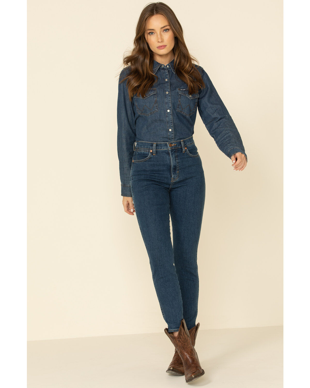 Wrangler Women's Dark Wash Long Sleeve Pearl Snap Denim Western Shirt
