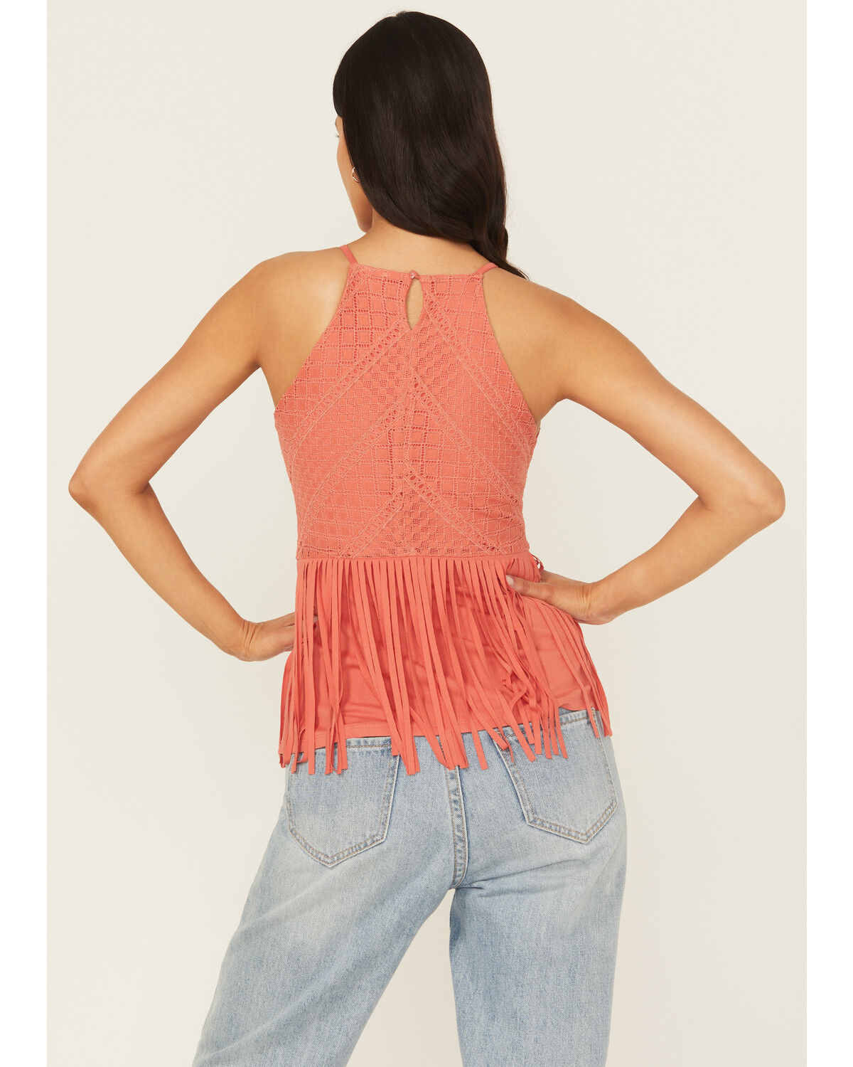 Shyanne Women's Stretch Lace Halter Fringe Tank