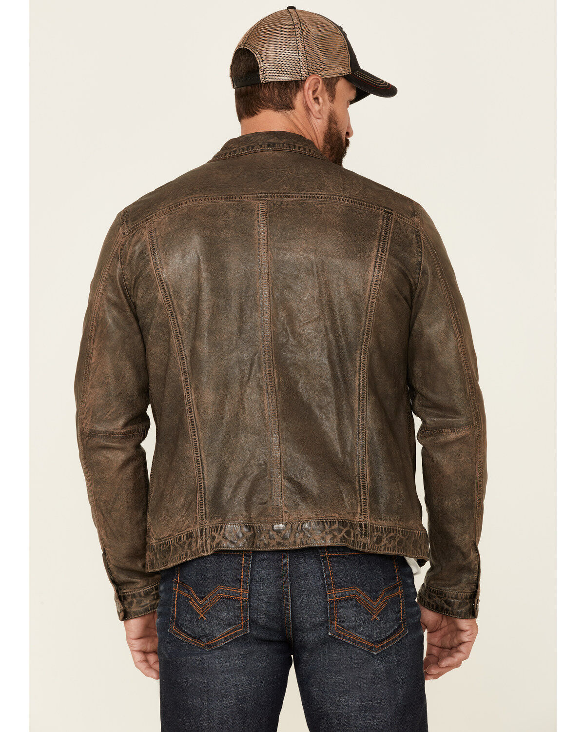 Mauritius Leather Men's Geoff Zip-Front Distressed Trucker Leather Jacket